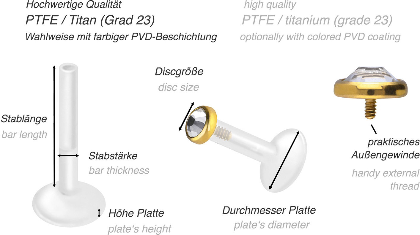 PTFE labret wih internal thread + titanium attachment CRYSTAL DISC ...